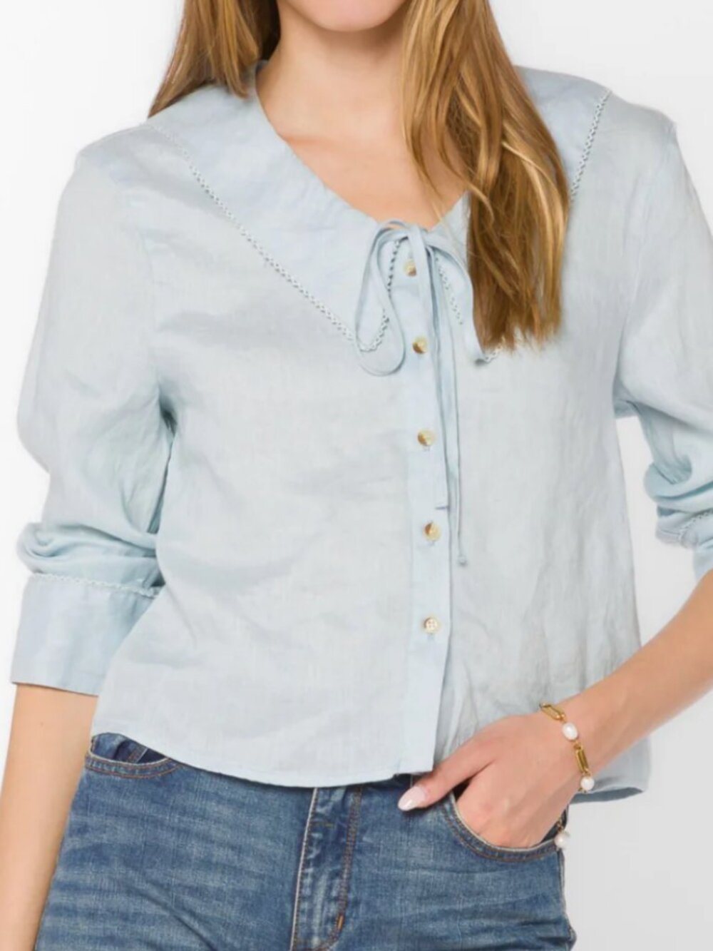 Velvet Heart Chelina linen peter pan collar powder blue long sleeve blouse top L